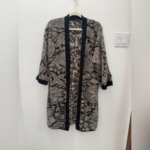 Peruvian Connection Long Duster Pima Cotton Boho Black and Cream Floral Cardigan